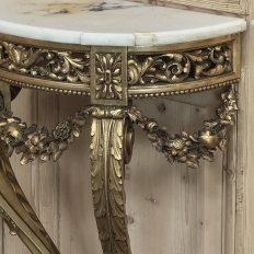 Antique French Louis XVI Giltwood Demilune Marble Top Console