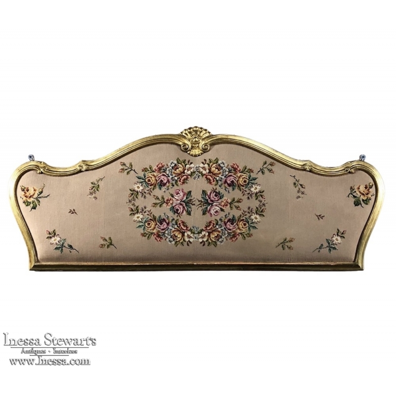 Antique Italian Baroque Gilt-wood King or Queen Headboard with Needlepoint