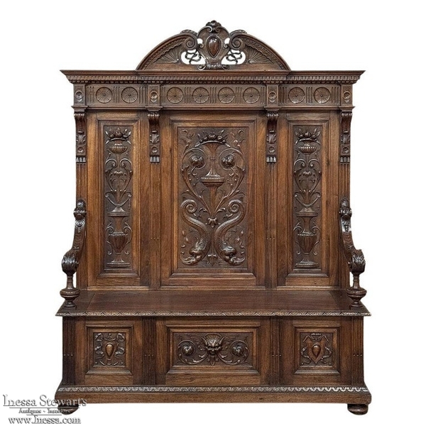 19th Century Grand Italian Hand-Carved Hall Bench