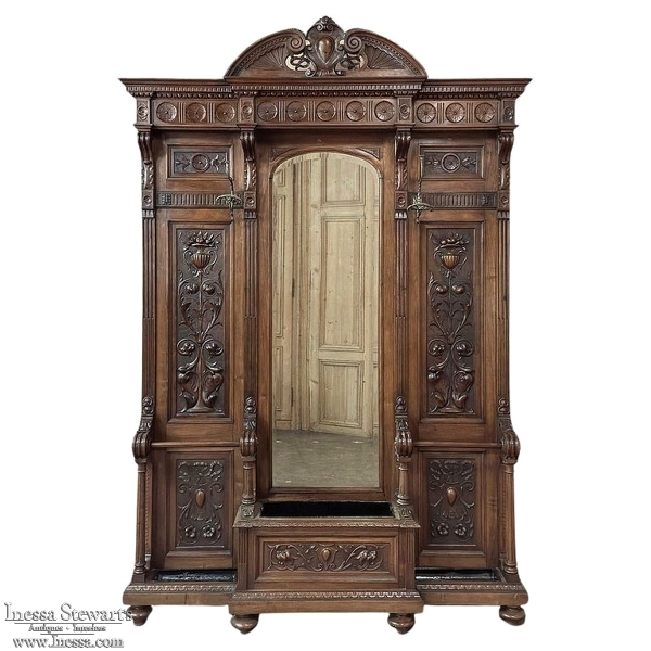 19th Century Grand Italian Hand-Carved Walnut Hall Tree