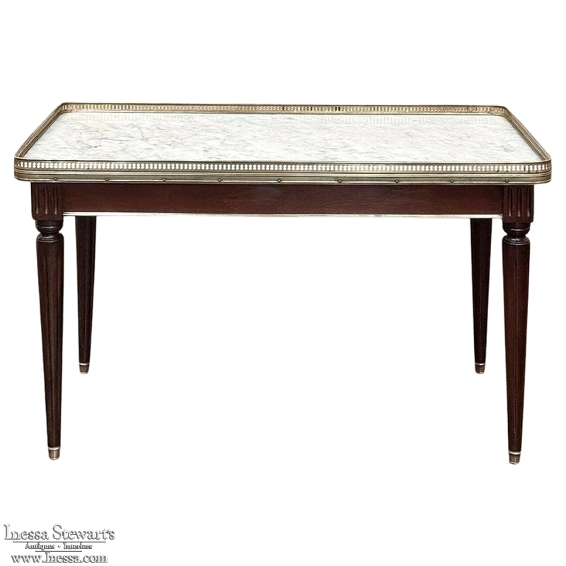 Antique French Louis XVI Mahogany Coffee Table with Carrara Marble