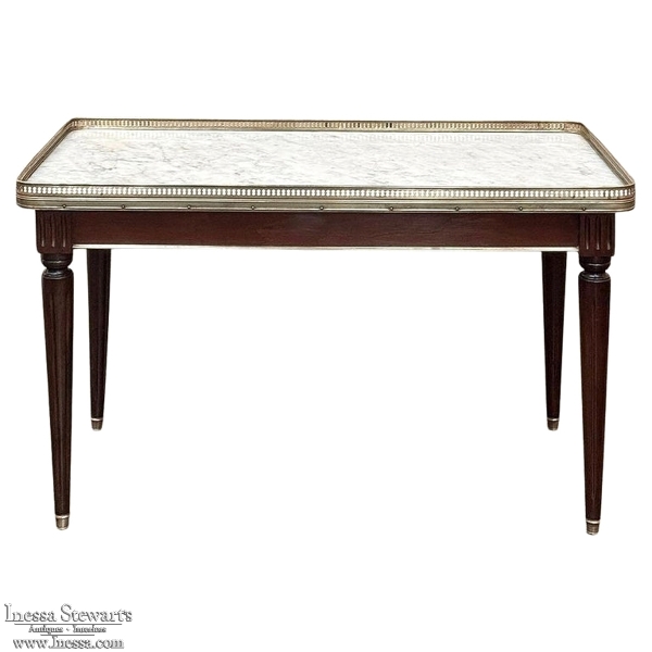Antique French Louis XVI Mahogany Coffee Table with Carrara Marble