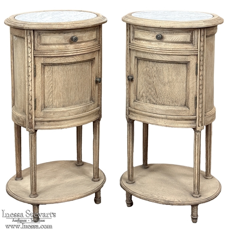 Pair Antique French Louis XVI Oval Nightstands with Carrara Marble
