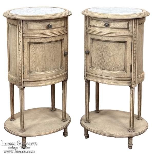 Pair Antique French Louis XVI Oval Nightstands with Carrara Marble