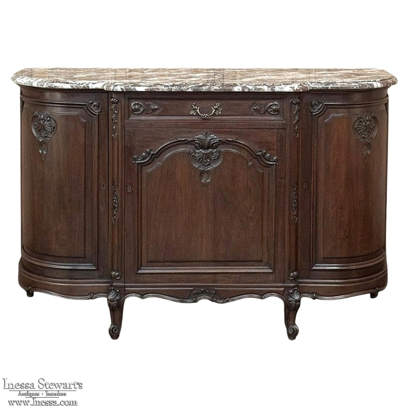 Antique French Louis XIV Marble Top Walnut Buffet with Rounded Sides