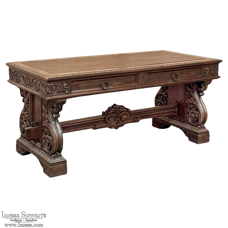 Antique Italian Renaissance Executive Desk with Faux Leather
