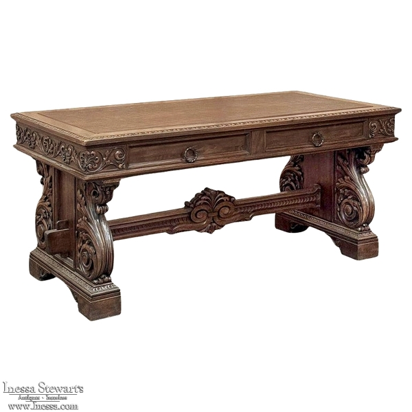 Antique Italian Renaissance Executive Desk with Faux Leather