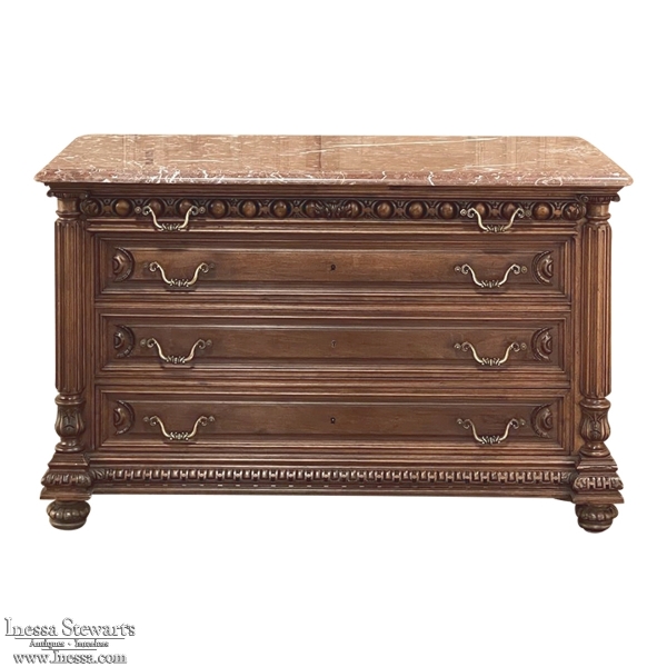 19th Century French Henri II Marble Top Walnut Commode