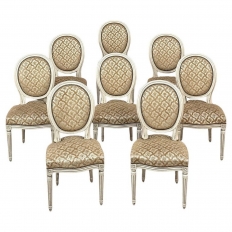 Set of 8 Antique French Louis XVI Painted Dining Chairs with Damascene Upholstery