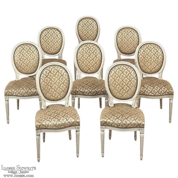 Set of 8 Antique French Louis XVI Painted Dining Chairs with Damascene Upholstery