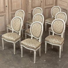 Set of 8 Antique French Louis XVI Painted Dining Chairs with Damascene Upholstery