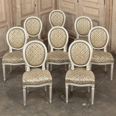 Set of 8 Antique French Louis XVI Painted Dining Chairs with Damascene Upholstery
