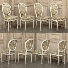 Set of 8 Antique French Louis XVI Painted Dining Chairs with Damascene Upholstery