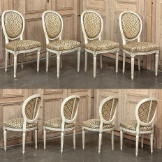 Set of 8 Antique French Louis XVI Painted Dining Chairs with Damascene Upholstery