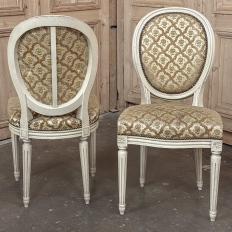 Set of 8 Antique French Louis XVI Painted Dining Chairs with Damascene Upholstery