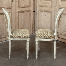 Set of 8 Antique French Louis XVI Painted Dining Chairs with Damascene Upholstery