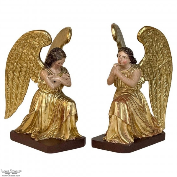 Pair 18th Century Hand-Carved Polychromed Wood Angels