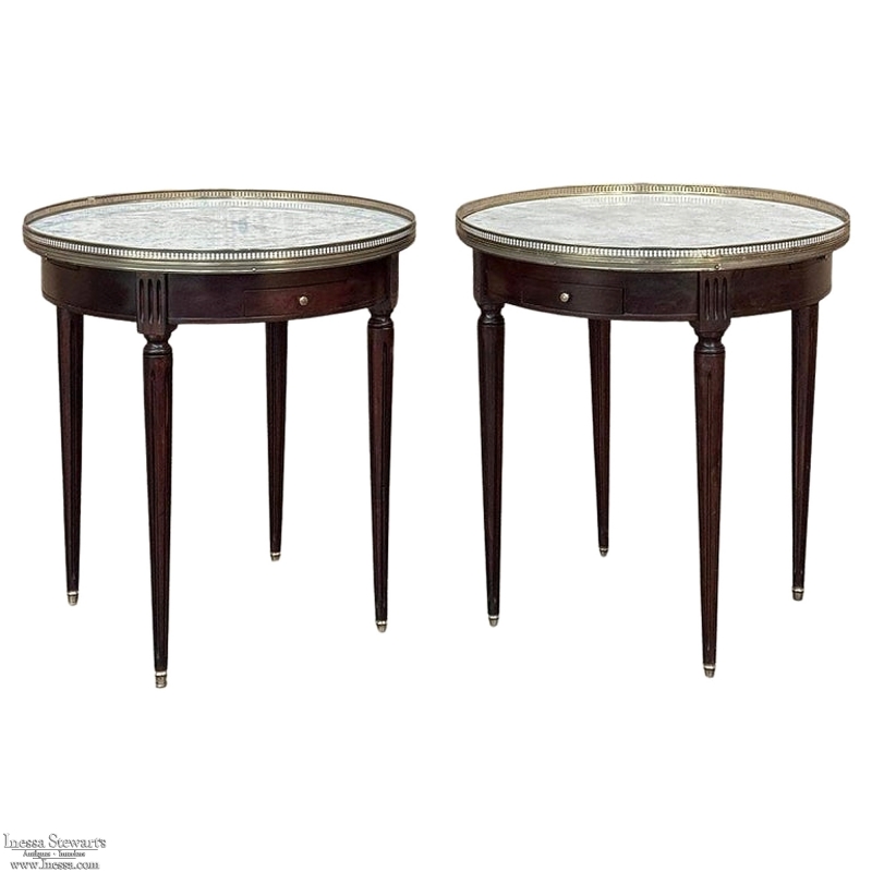 PAIR of Antique French Louis XVI Mahogany Marble Top Bouillotte Tables