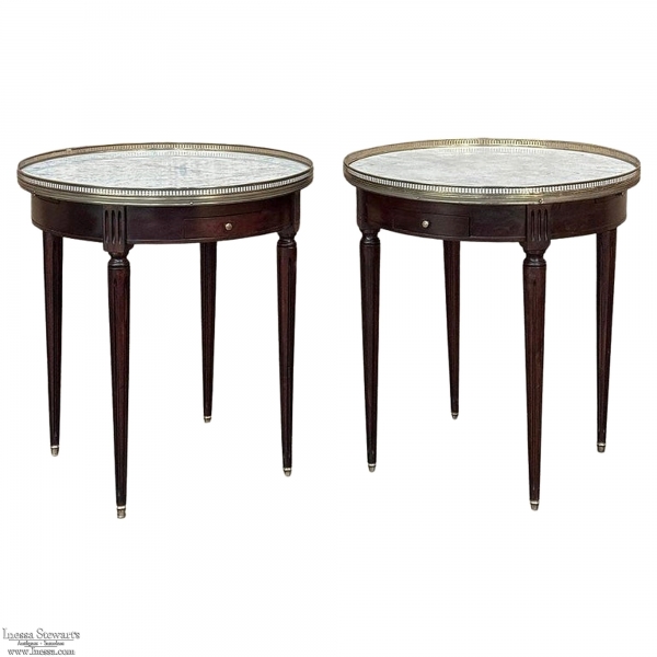 PAIR of Antique French Louis XVI Mahogany Marble Top Bouillotte Tables
