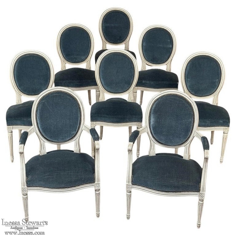 Set of 8 French Louis XVI Painted Dining Chairs includes 2 Armchairs