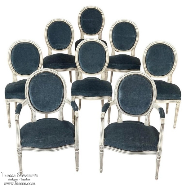 Set of 8 French Louis XVI Painted Dining Chairs includes 2 Armchairs