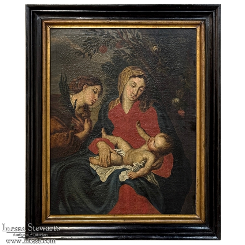 18th Century Framed Oil Painting on Canvas of Madonna, Child & Angel ~ Flemish School