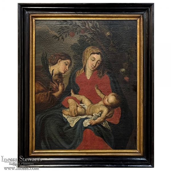 18th Century Framed Oil Painting on Canvas of Madonna, Child & Angel ~ Flemish School