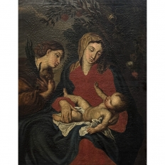 18th Century Framed Oil Painting on Canvas of Madonna, Child & Angel ~ Flemish School