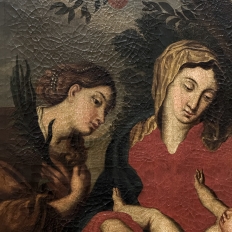 18th Century Framed Oil Painting on Canvas of Madonna, Child & Angel ~ Flemish School