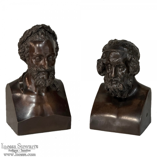 Antique Cast Bronze Busts of Plato & Epicurus for Display or Bookends