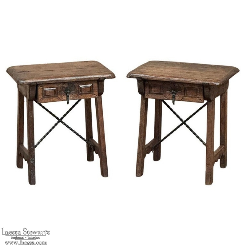 Pair Rustic Spanish End Tables with Wrought Iron