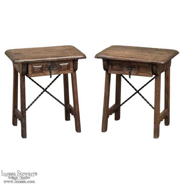 Pair Rustic Spanish End Tables with Wrought Iron