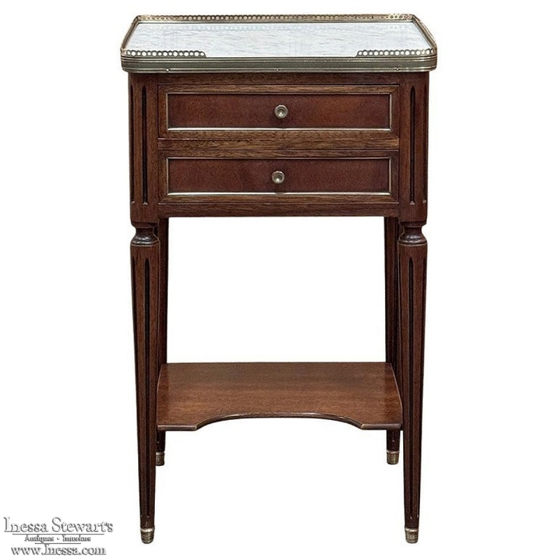 Antique French Directoire Mahogany End Table with Carrara Marble