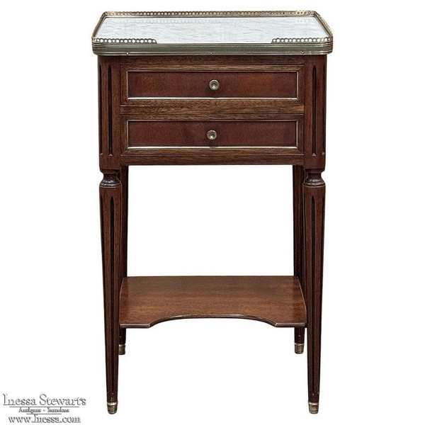 Antique French Directoire Mahogany End Table with Carrara Marble