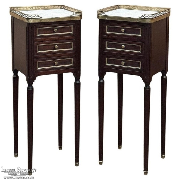 Pair Antique French Directoire Mahogany End Tables with Carrara Marble