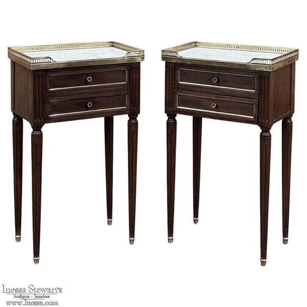 Pair Antique French Directoire Neoclassical End Tables with Carrara Marble