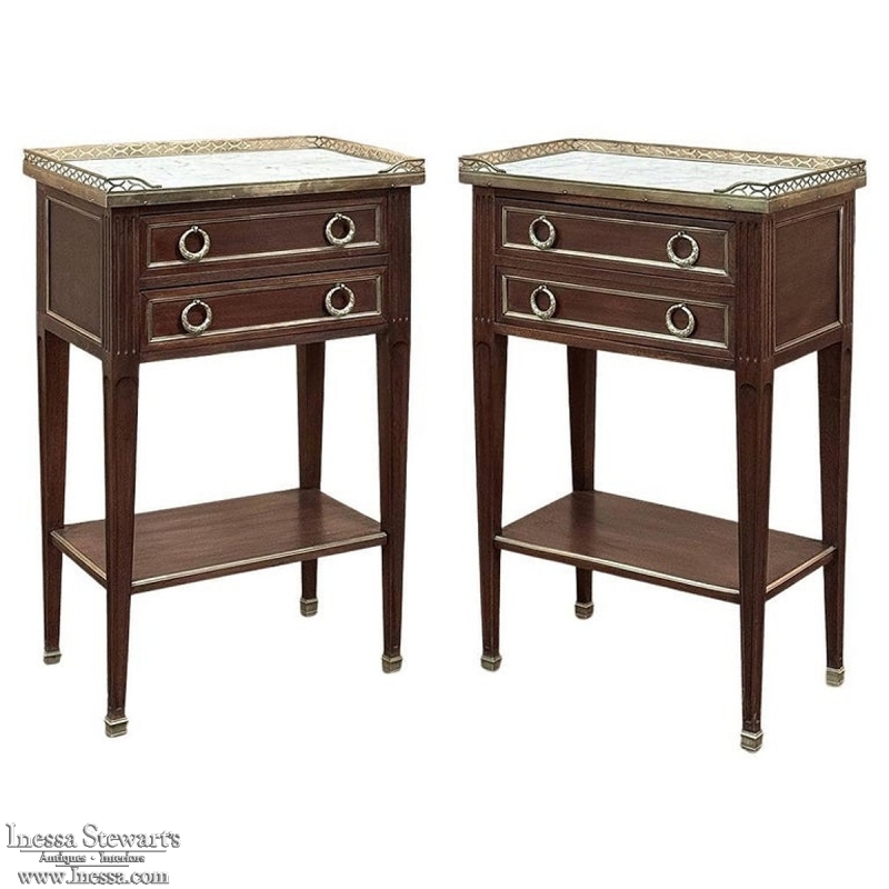 Pair Antique French Louis XVI Neoclassical End Tables with Carrara Marble