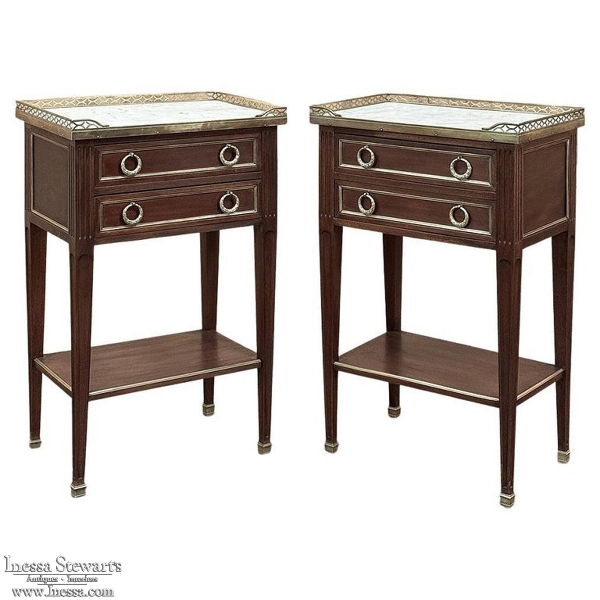 Pair Antique French Louis XVI Neoclassical End Tables with Carrara Marble