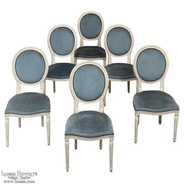 Set of 6 Antique French Louis XVI Painted Dining Chairs with Mohair