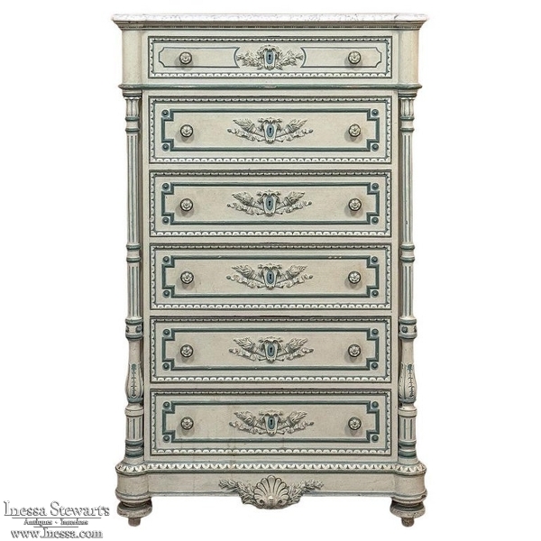 19th Century French Louis XVI Painted Chiffoniere ~ Commode with Carrara Marble