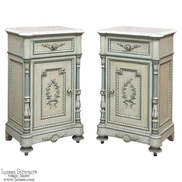 Pair 19th Century French Louis XVI Painted Nightstands with Carrara Marble