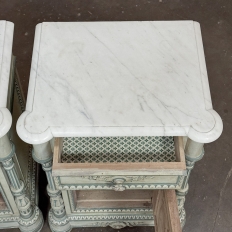 Pair 19th Century French Louis XVI Painted Nightstands with Carrara Marble