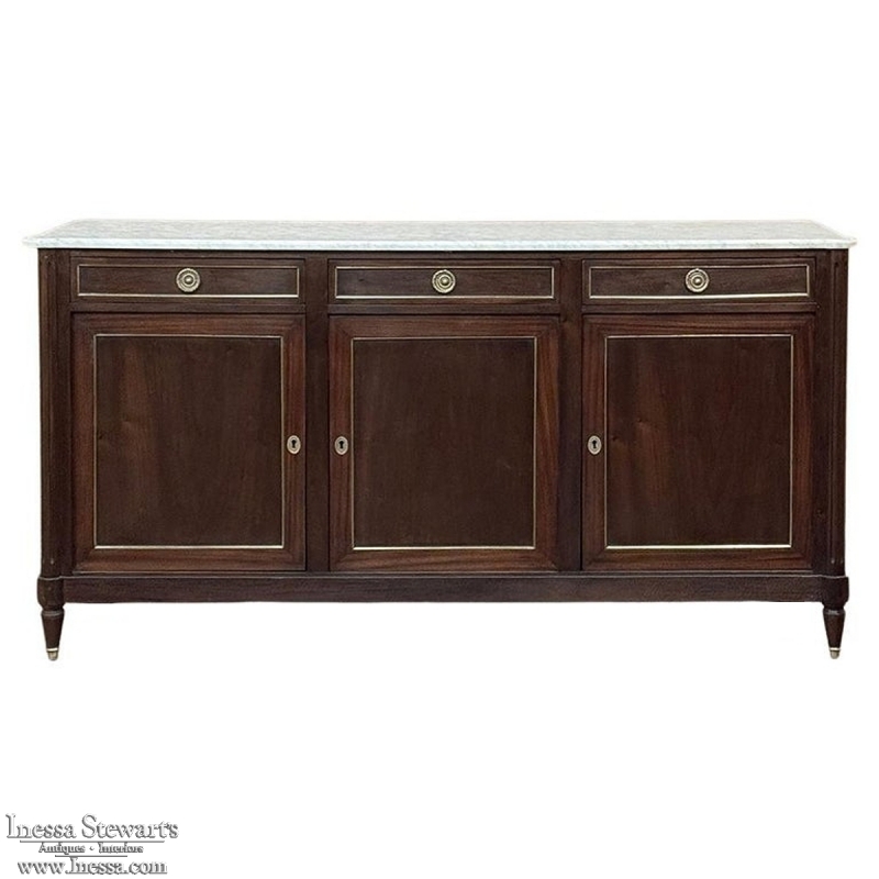 Antique French Louis XVI Mahogany Buffet ~ Credenza with Carrara Marble