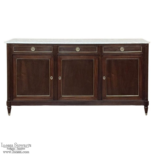 Antique French Louis XVI Mahogany Buffet ~ Credenza with Carrara Marble