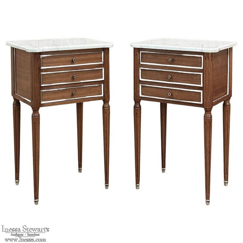 Antique French Directoire Mahogany End Table with Carrara Marble