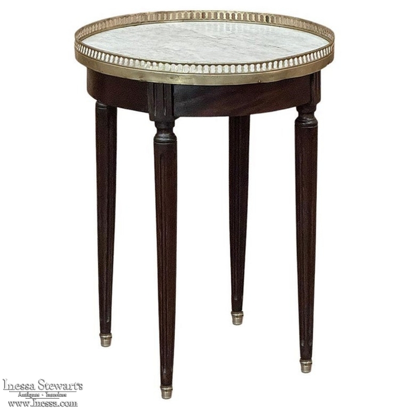 Antique French Louis XVI Round Mahogany End Table with Carrara Marble