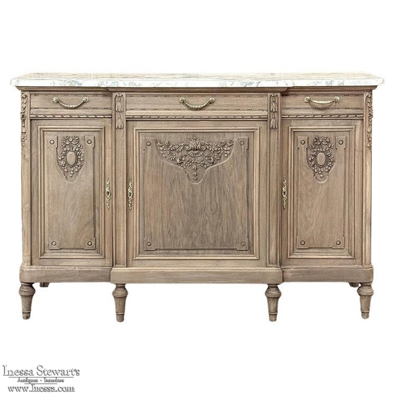 Antique French Louis XVI Marble Top Buffet in Stripped Walnut