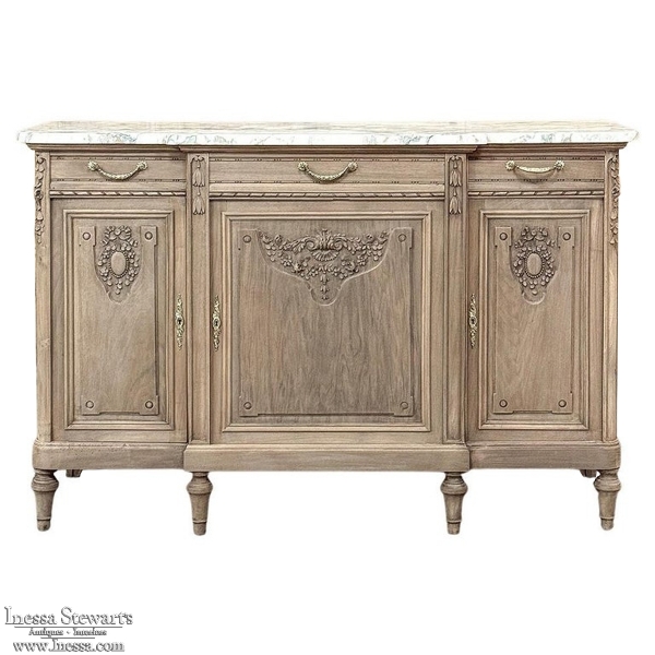 Antique French Louis XVI Marble Top Buffet in Stripped Walnut