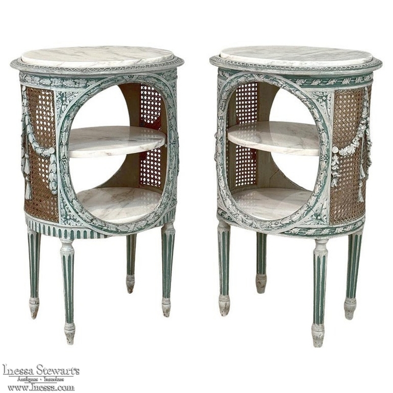 Pair 19th Century French Louis XVI Painted Oval End Tables with Marble