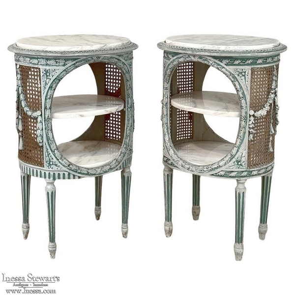 Pair 19th Century French Louis XVI Painted Oval End Tables with Marble